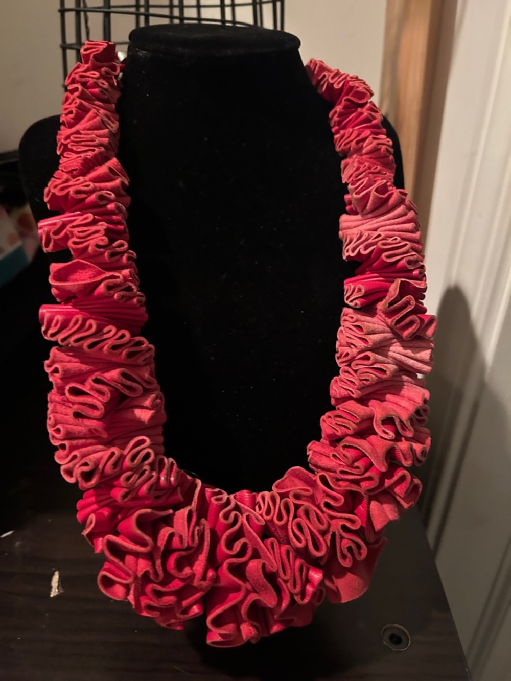 Women’s Red Ruffled Leather Statement Necklace